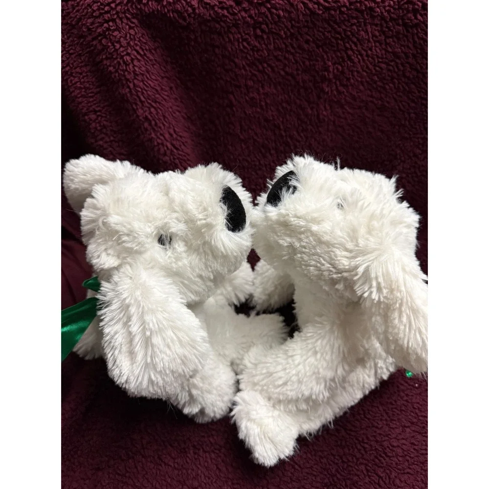 Set of 2 White Plush Puppy Dogs Shaggy Soft Stuffed Animal Green Bow 7 Inch